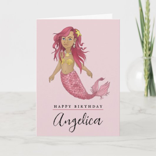 Hübsch Pink Mermaid Girls Name Happy Birthday Card Dankeskarte (Vorderseite)
