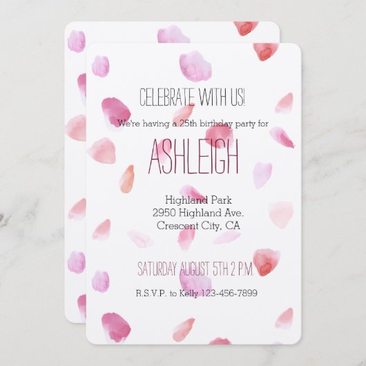 Hübsch Pink Peach Rose Petals Wasserfarbe Geburtst Einladung (Vorne/Hinten)