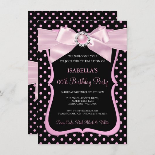 Hübsch Pink Pearl Bow Black Polka Dot Birthday Einladung (Vorne/Hinten)