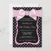 Hübsch Pink Pearl Bow Black Polka Dot Birthday Einladung (Vorderseite)