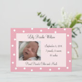 Hübsch Pink Polka Dots Geburtserklärung Ankündigung (Stehend Vorderseite)