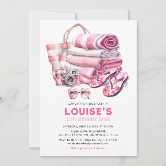 Hübsch Pink Pool Party Girl Birthday Bash Einladung (Vorderseite)