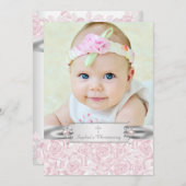 Hübsch Pink Rose Christening Einladung (Vorne/Hinten)