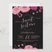 Hübsch Pink Roses Blumenschwarz Sweet 16 Einladung (Vorderseite)