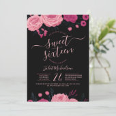 Hübsch Pink Roses Blumenschwarz Sweet 16 Einladung (Stehend Vorderseite)