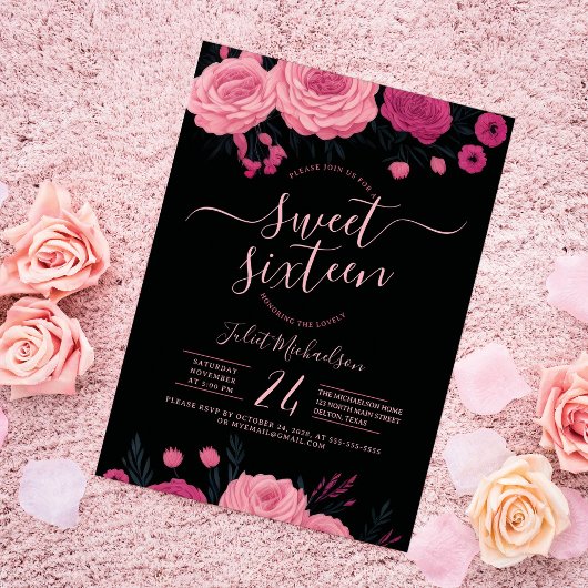 Hübsch Pink Roses Blumenschwarz Sweet 16 Einladung