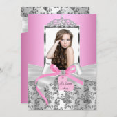 Hübsch Pink Silver Bow & Rose Foto Quinceanera Einladung (Vorne/Hinten)