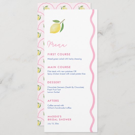 Hübsch Pink Squiggle Lemon Brautparty Luncheon Menükarte (Vorne/Hinten)
