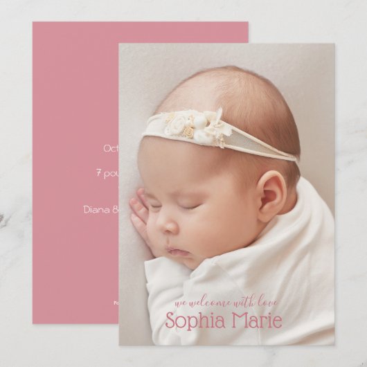 Hübsch Pink Sweet Baby Foto Geburtshinweise (Vorne/Hinten)
