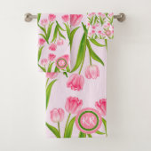 Hübsch Pink Tulip Floral Blume Blätter Monogramm Badhandtuch Set (Insitu)