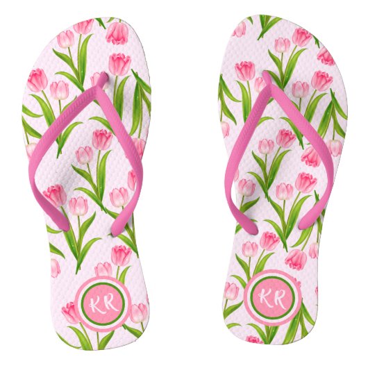 Hübsch Pink Tulip Floral Blume Blätter Monogramm F Badesandalen (Fußbett)