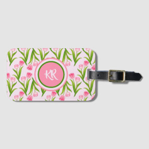Hübsch Pink Tulip Floral Blume Blätter Monogramm Gepäckanhänger