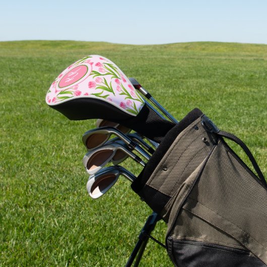 Hübsch Pink Tulip Floral Blume Blätter Monogramm Golf Headcover (In SItu)