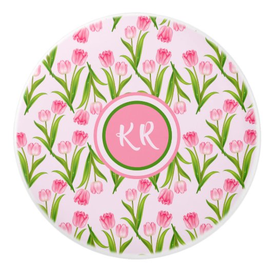 Hübsch Pink Tulip Floral Blume Blätter Monogramm Keramikknauf (Vorderseite)
