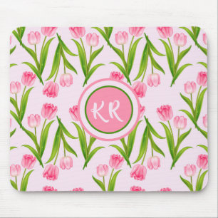 Hübsch Pink Tulip Floral Blume Blätter Monogramm Mousepad