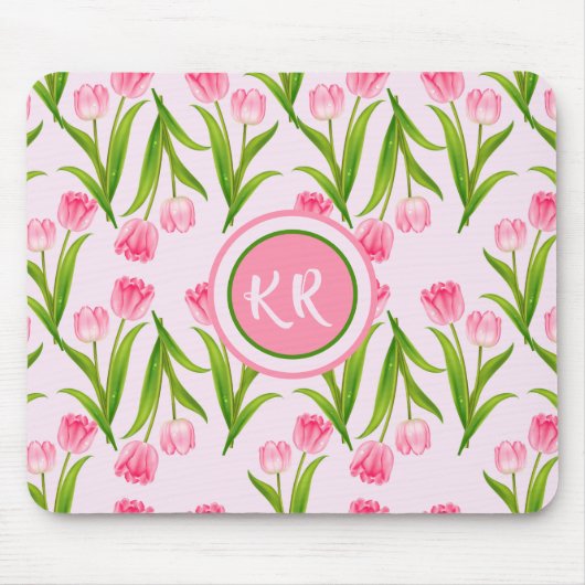 Hübsch Pink Tulip Floral Blume Blätter Monogramm Mousepad (Vorne)