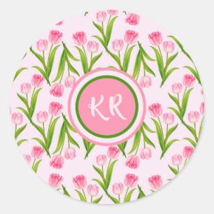 Hübsch Pink Tulip Floral Blume Blätter Monogramm Runder Aufkleber
