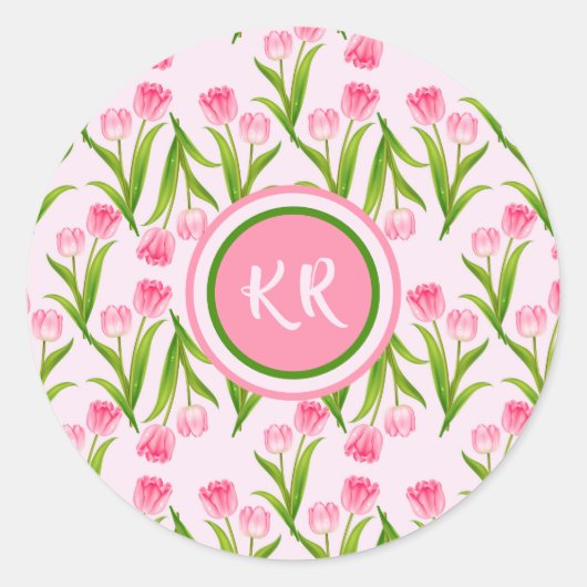 Hübsch Pink Tulip Floral Blume Blätter Monogramm Runder Aufkleber (Vorderseite)