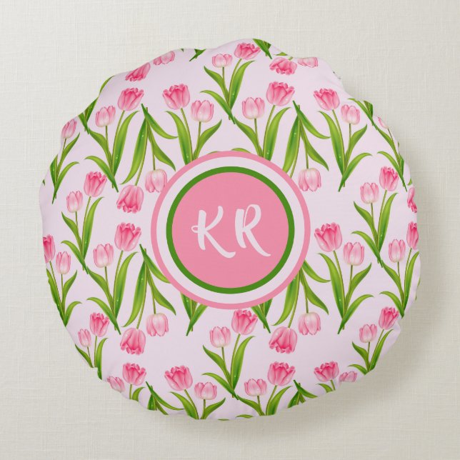 Hübsch Pink Tulip Floral Blume Blätter Monogramm Rundes Kissen (Rückseite)