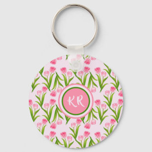 Hübsch Pink Tulip Floral Blume Blätter Monogramm Schlüsselanhänger