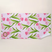 Hübsch Pink Tulip Floral Blume Blätter Monogramm Strandtuch (Vorderseite)