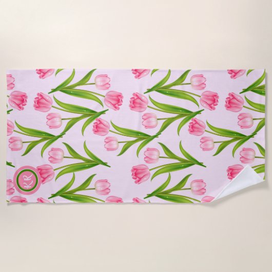 Hübsch Pink Tulip Floral Blume Blätter Monogramm Strandtuch (Vorderseite)