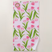 Hübsch Pink Tulip Floral Blume Blätter Monogramm Strandtuch (Vorderseite)
