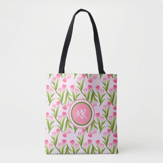 Hübsch Pink Tulip Floral Blume Blätter Monogramm Tasche (Vorderseite)