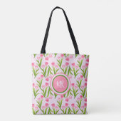 Hübsch Pink Tulip Floral Blume Blätter Monogramm Tasche (Rückseite)