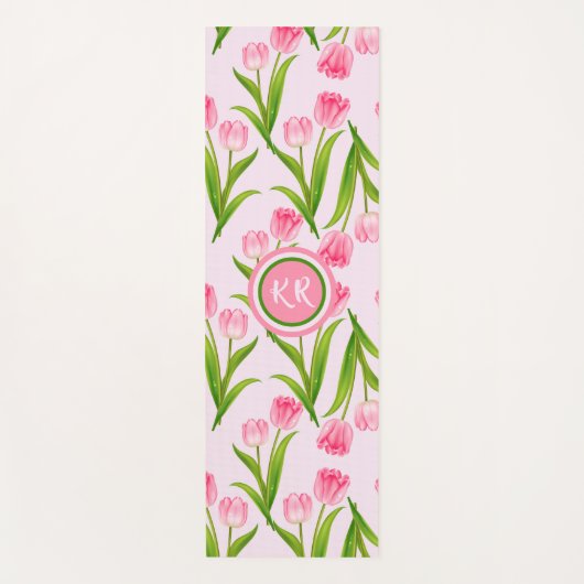 Hübsch Pink Tulip Floral Blume Blätter Monogramm Yogamatte (Vorderseite)