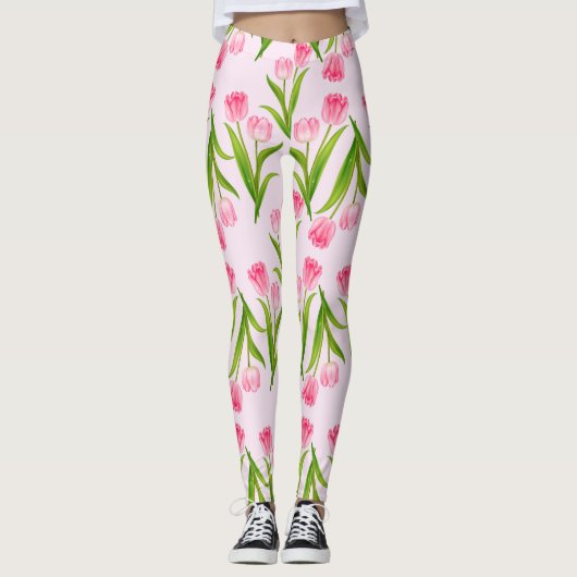 Hübsch Pink Tulips Blumenstrauß Blume Grüne Blätte Leggings (Vorderseite)
