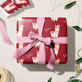 Hübsch Pink Valentine's Day Llama Little Girl Name Geschenkpapier