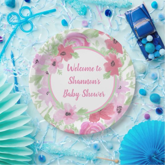 Hübsch Pink Watercolor Blumenspülung Dusche Pappteller (Party)