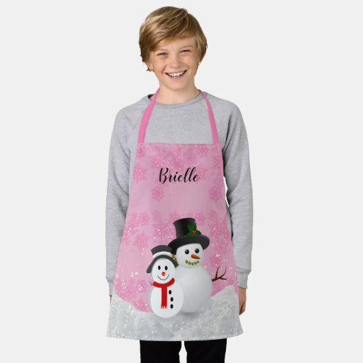 Hübsch Pink Weihnachten Schneemann Personalisiert Schürze (Getragen)