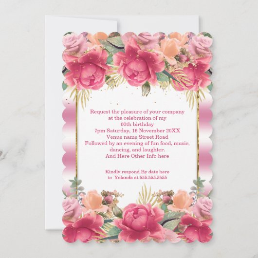 Hübsch Pink White Birthday Party Blumenkohl Blume Einladung (Rückseite)