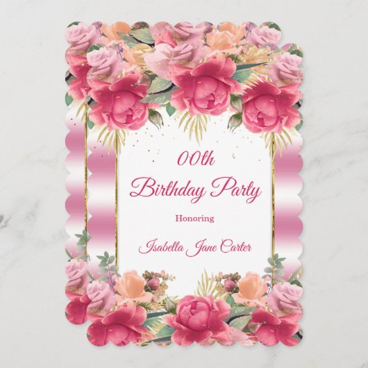 Hübsch Pink White Birthday Party Blumenkohl Blume Einladung (Vorne/Hinten)