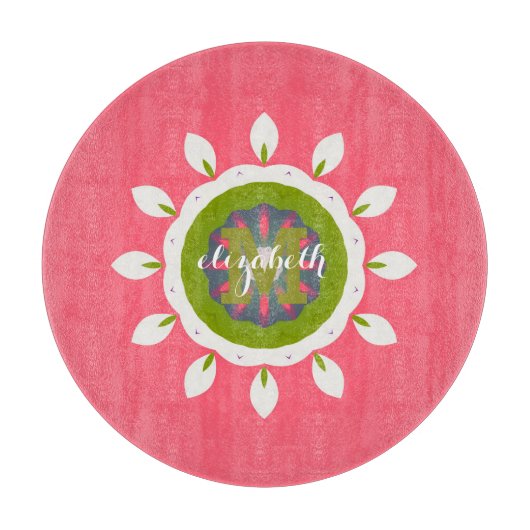 Hübsch Pink White Petals Mandala Individuelle Name Schneidebrett (Vorderseite)