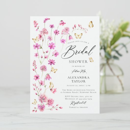 Hübsch Pink Wildblumen Schmetterlinge Brautparty Einladung (Stehend Vorderseite)