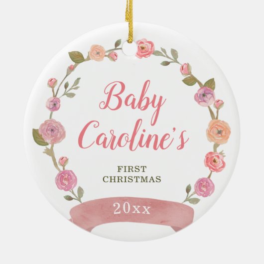 Hübsch Pink Wreath Personalisiert Girl Weihnachten Keramik Ornament (Hinten)