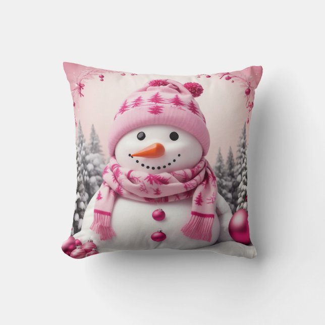 Hübsch Pink Xmas Snowman Kissen (Vorderseite)