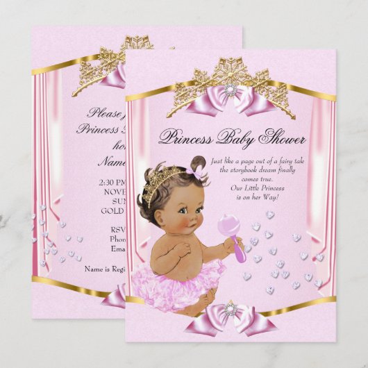 Hübsch Princess Baby Dusche Rosa Gold Brünett Einladung (Vorne/Hinten)