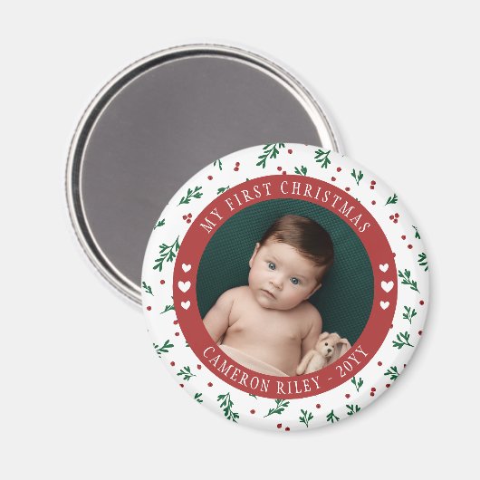 Hübsch Red Berry Pattern Baby's First Christmas Magnet (Vorderseite/Rückseite)