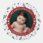 Hübsch Red Berry Pattern Baby's First Christmas Ornament Karte (Vorderseite)