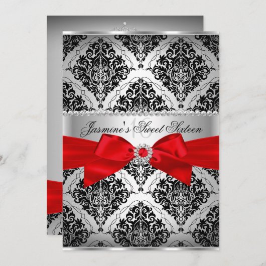 Hübsch Red Black Damask Sweet 16 Einladung (Vorne/Hinten)