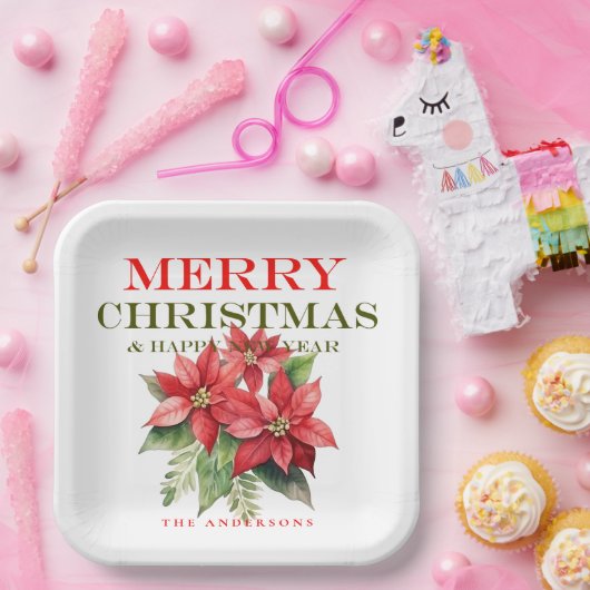 Hübsch Red Poinsettia Blume Frohe Weihnachten Part Pappteller (Party)