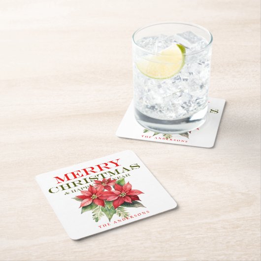 Hübsch Red Poinsettia Blume Frohe Weihnachten Part Rechteckiger Pappuntersetzer (Vor Ort)