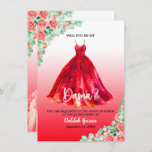 Hübsch Red Quinceañera Dama Vorschlag Einladung (Vorne/Hinten)