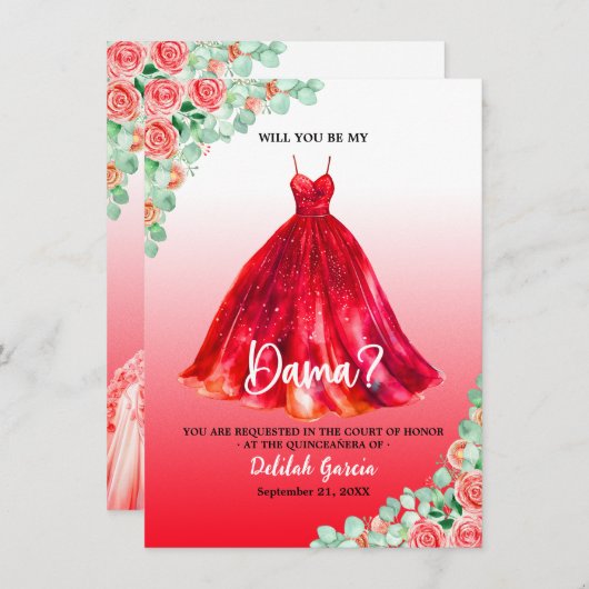 Hübsch Red Quinceañera Dama Vorschlag Einladung (Vorne/Hinten)