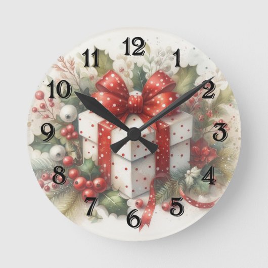 Hübsch Red White Polka Dot Coquette Bow und Holly Runde Wanduhr (Vorderseite)