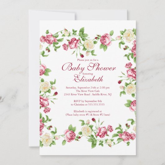 Hübsch Red & White Rose Floral Girl Babydusche Einladung (Vorderseite)